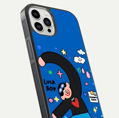 Happy Luck Vibe Glass Case for iPhone 13 Pro Max close-up angled shot showing color details and reflection shine