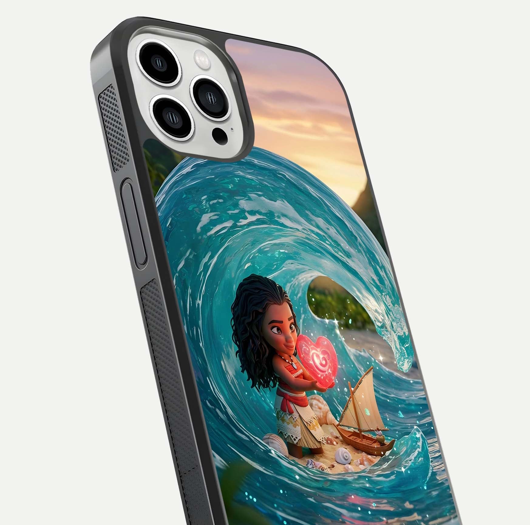 Heart of Ocean Glass Case for iPhone 13 Pro Max close-up angled shot showing blue tones and reflection shine