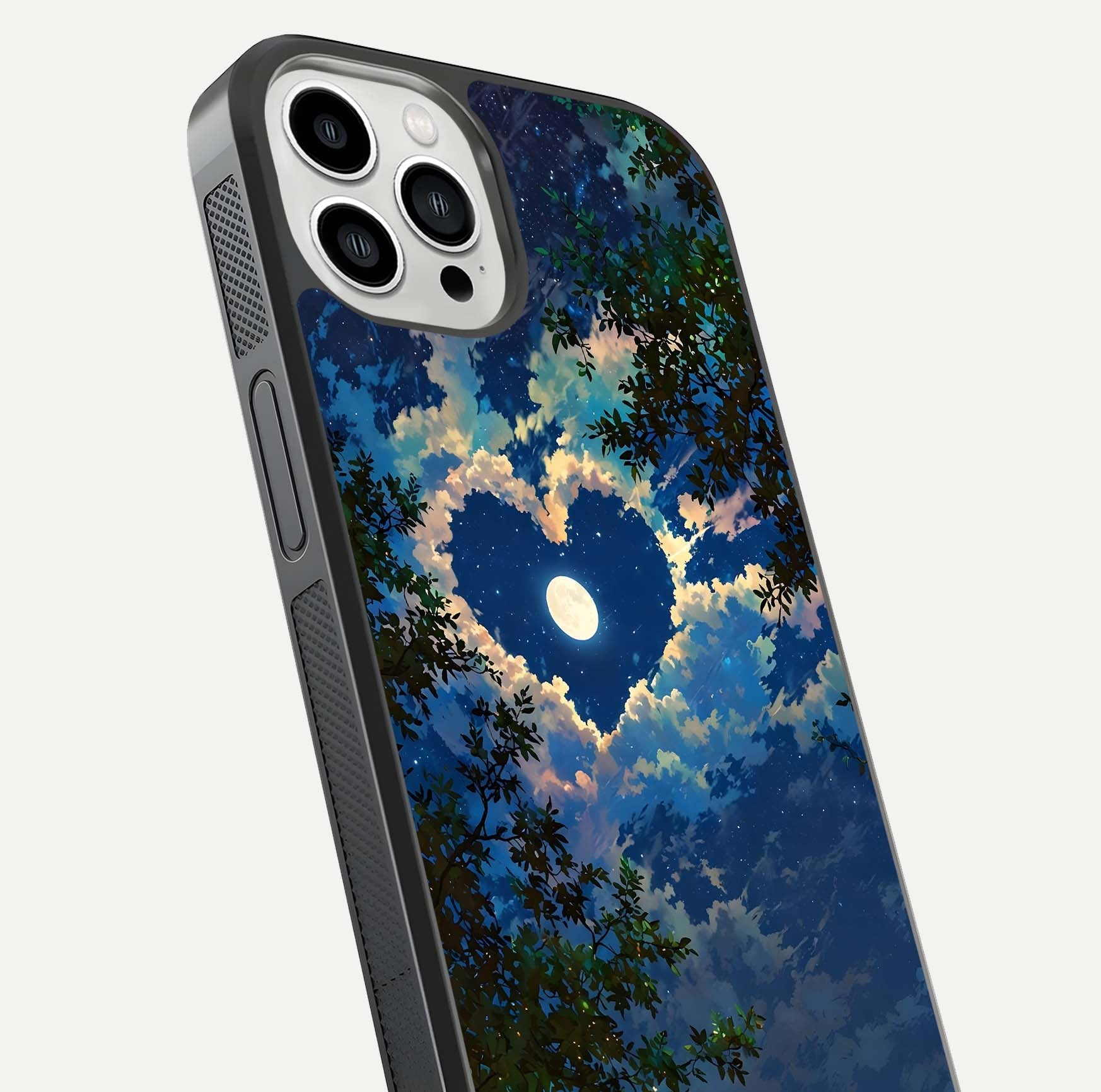 Heart with Moon Sky Glass Case for iPhone 13 Pro Max close-up angled shot showing lunar reflection and shine detail