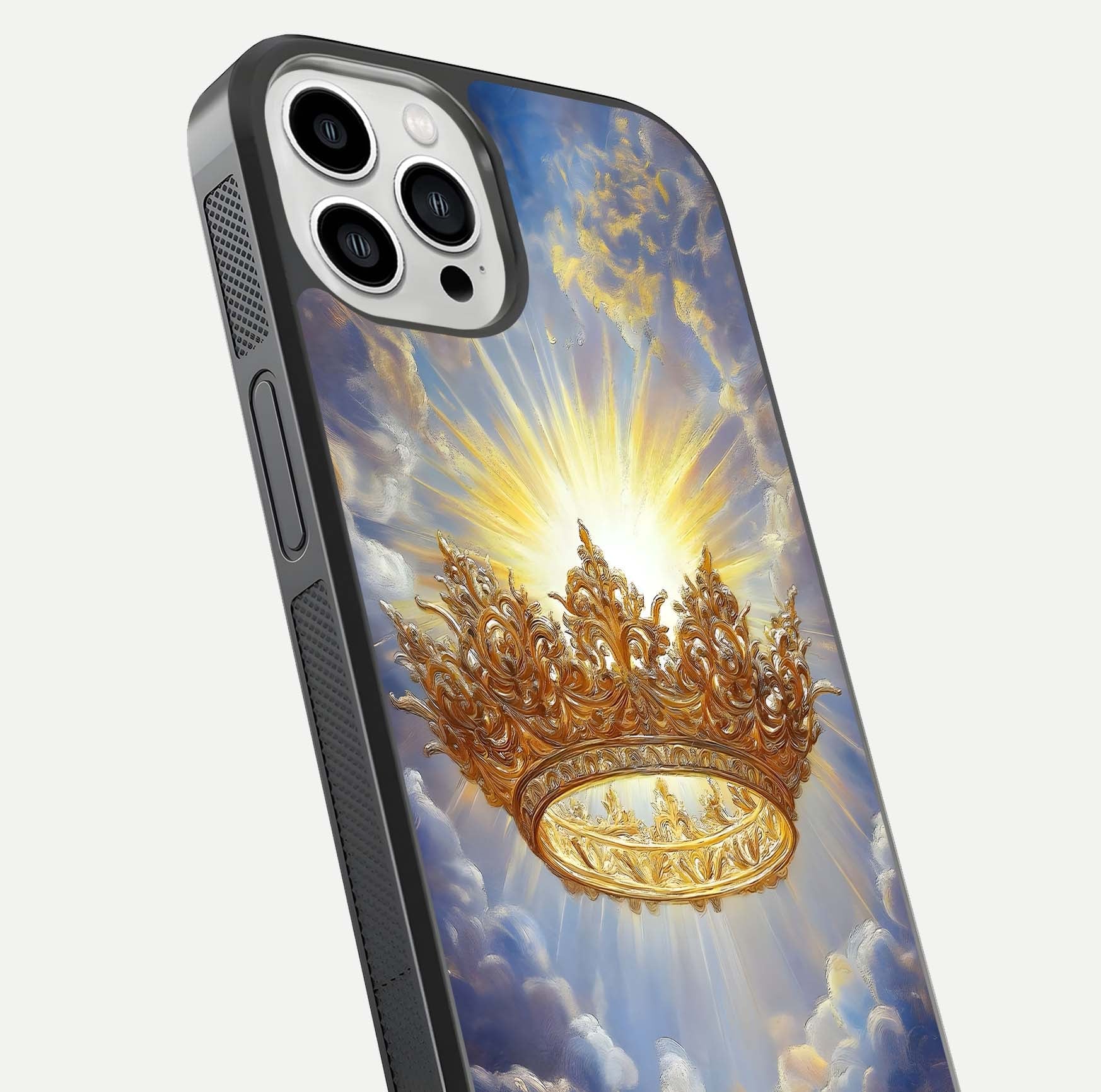 Heavenly Crown Light Glass Case for iPhone 13 Pro Max close-up angled shot showing glowing halo details and smooth reflection