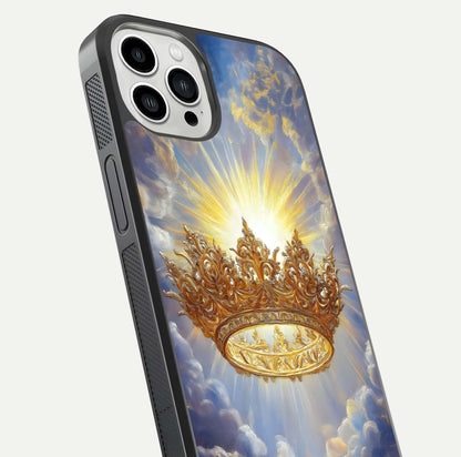 Heavenly Crown Light Glass Case for iPhone 13 Pro Max close-up angled shot showing glowing halo details and smooth reflection