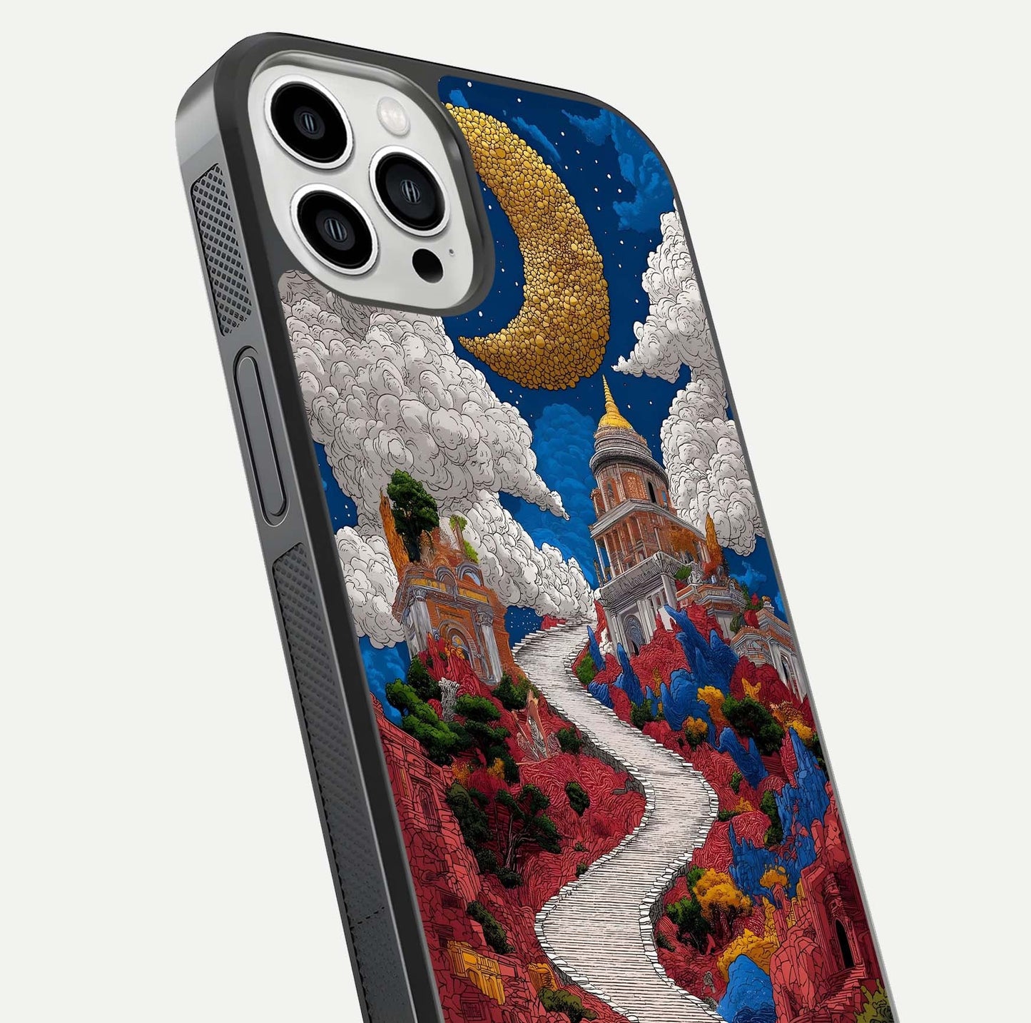 Heavenly Moon Path Glass Case for iPhone 13 Pro Max close-up angled shot showing moon reflection and shimmer texture