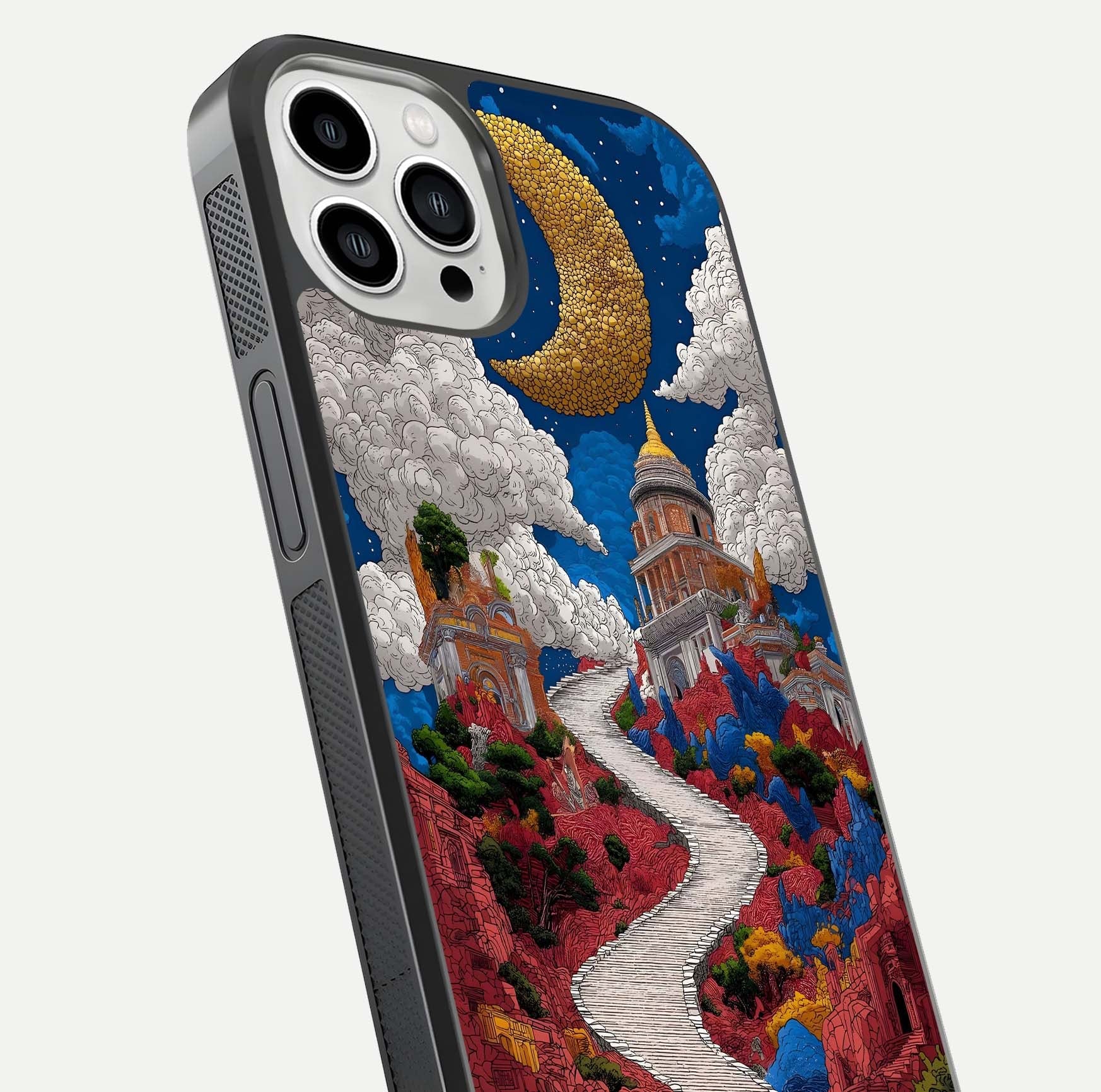 Heavenly Moon Path Glass Case for iPhone 13 Pro Max close-up angled shot showing moon reflection and shimmer texture