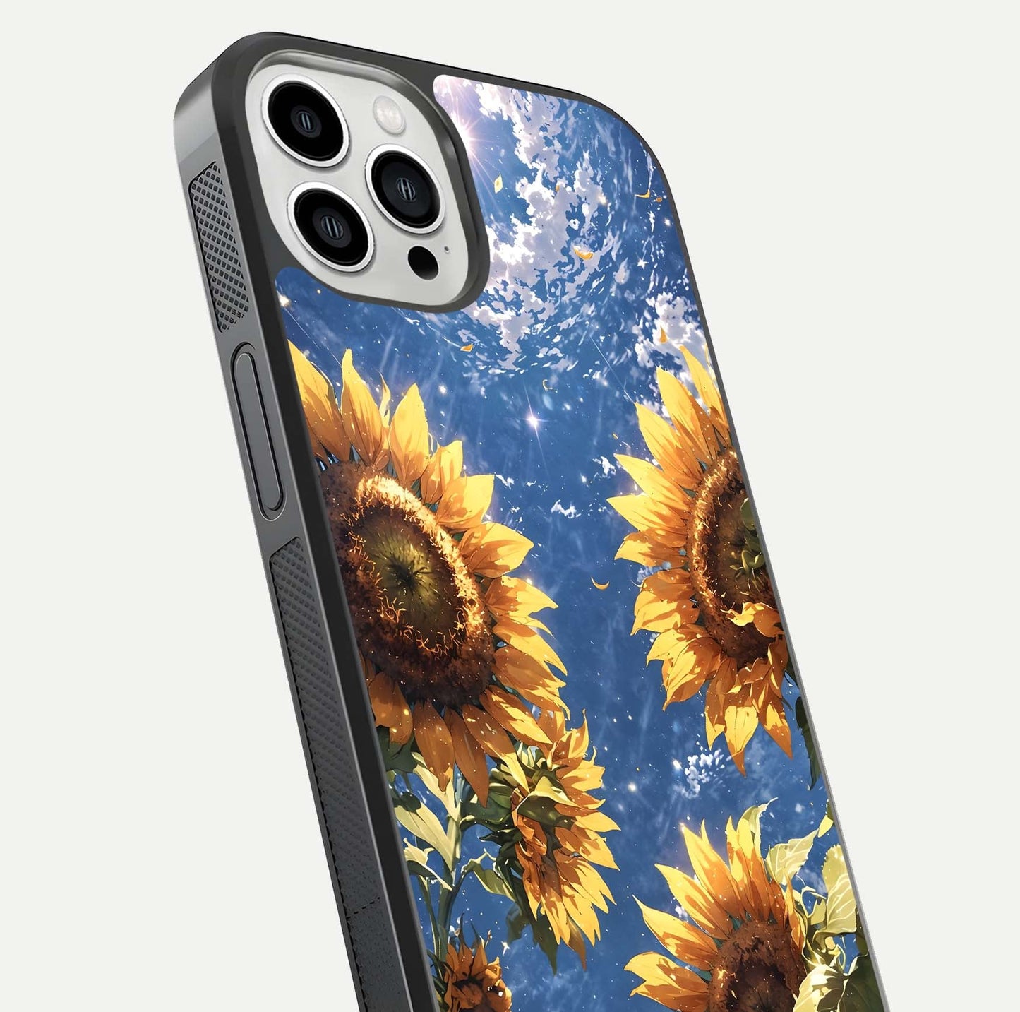 Heavenly Sunflower Rise Glass Case for iPhone 13 Pro Max close-up angled shot showing sunflower texture and reflection polish