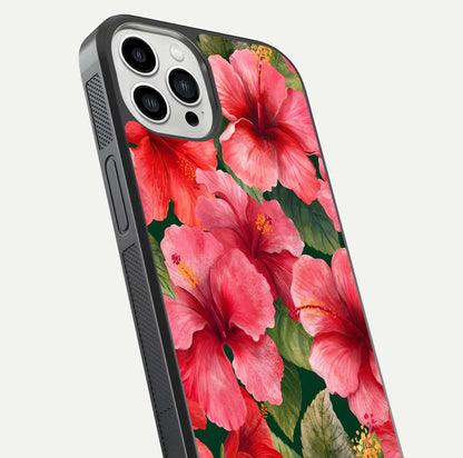 Hibiscus Pattern Glass Case for iPhone 13 Pro Max close-up angled shot showing flower details and gloss reflection
