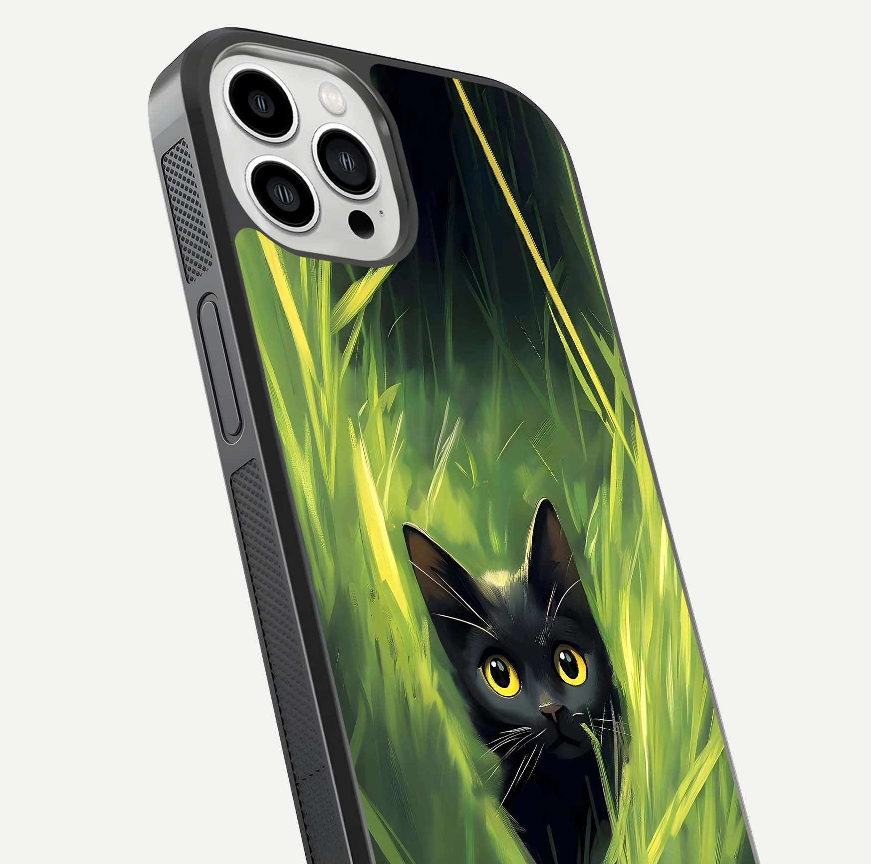 Hidden Cat Whisper Glass Case for iPhone 13 Pro Max close-up angled shot showing feline details and reflection polish