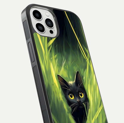 Hidden Cat Whisper Glass Case for iPhone 13 Pro Max close-up angled shot showing feline details and reflection polish