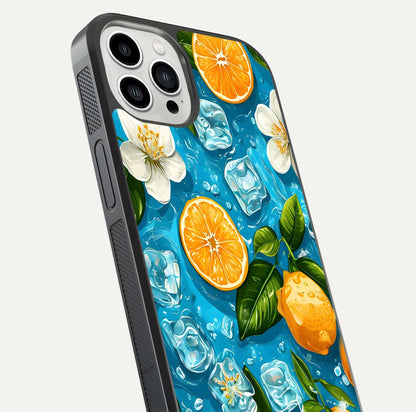 Ice Cube With Orange Glass Case for iPhone 13 Pro Max close-up angled shot showing orange slices and ice reflections
