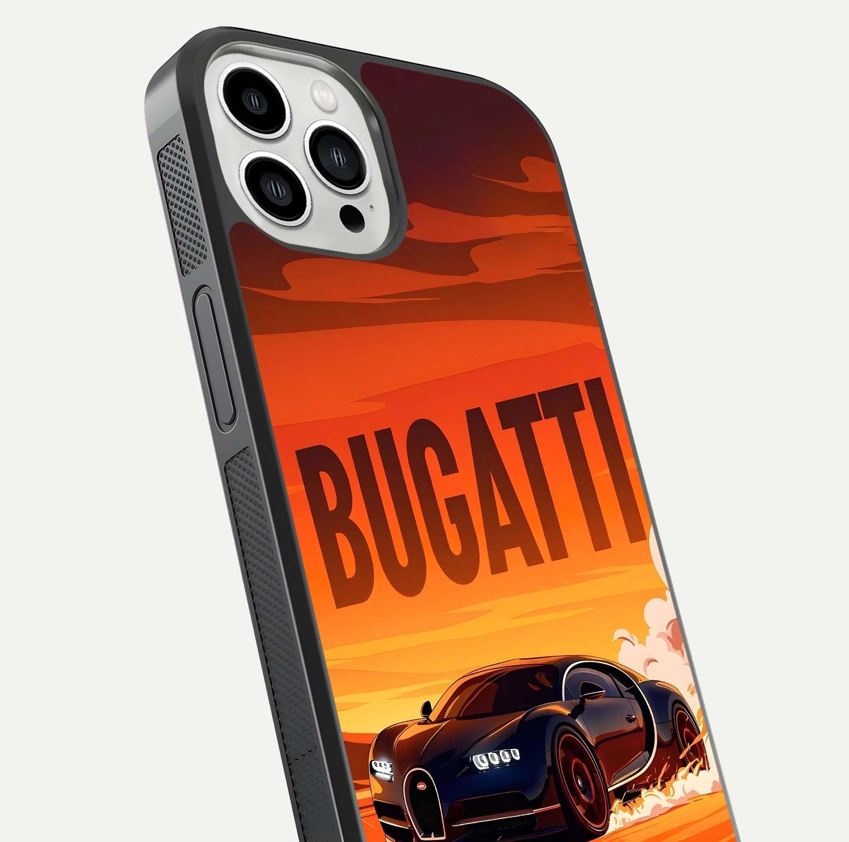 Inferno Bugatti Storm Glass Case for iPhone 13 Pro Max close-up angled shot showing flame details and reflection shine