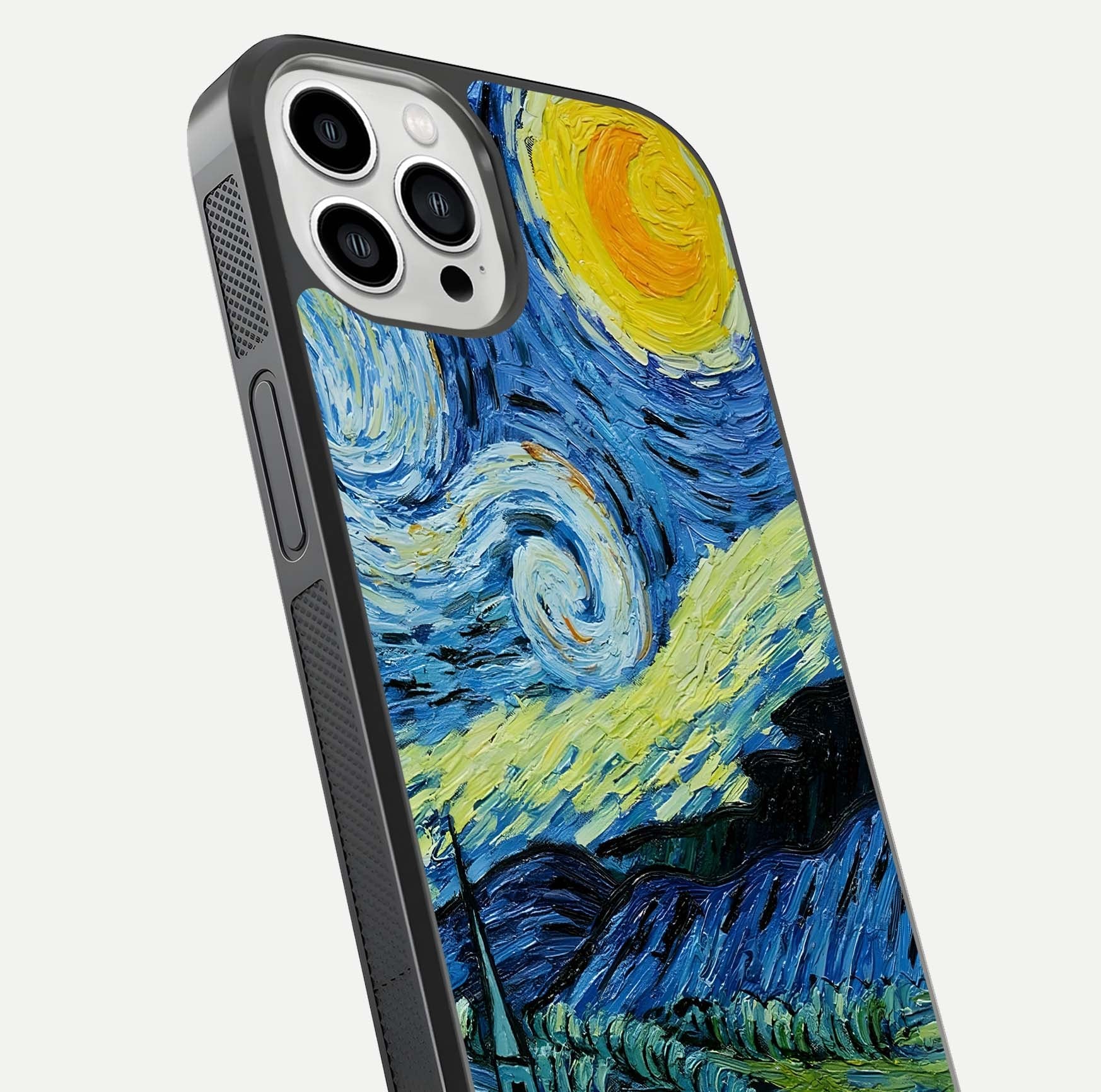 Inspired Van Gogh Art Glass Case for iPhone 13 Pro Max close-up angled shot showing brushstroke texture and shine detail