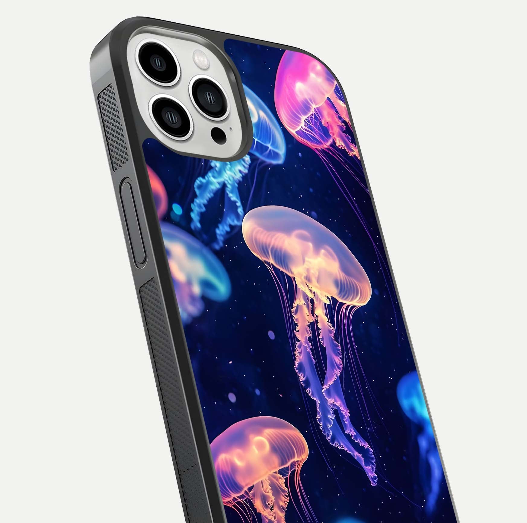 Jellyfish Pattern Glass Case for iPhone 13 Pro Max close-up angled shot showing translucent tentacles and light reflection