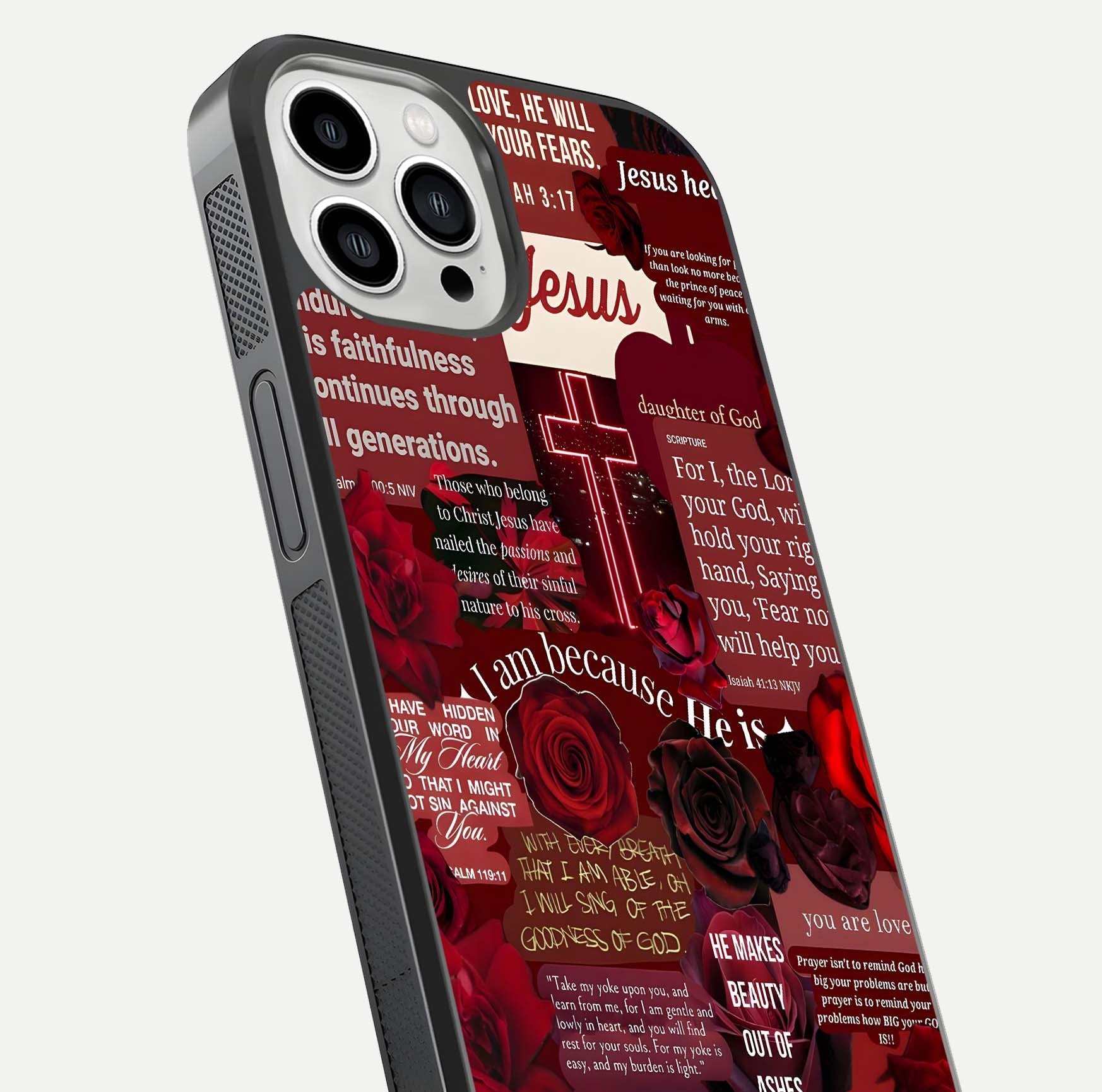 Jesus Love Heals Glass Case for iPhone 13 Pro Max close-up angled shot showing healing text, cross detailing, and reflection