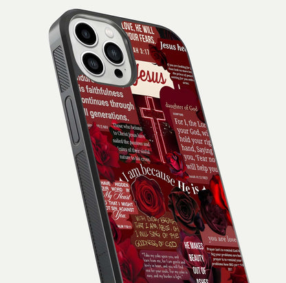 Jesus Love Heals Glass Case for iPhone 13 Pro Max close-up angled shot showing healing text, cross detailing, and reflection