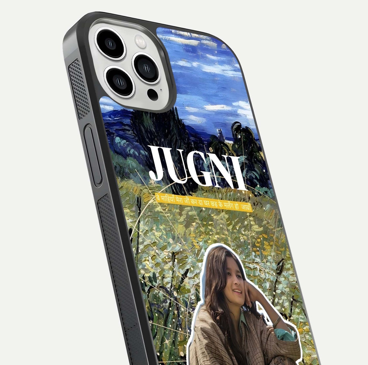 Jugni Soul Vibes Glass Case for iPhone 13 Pro Max close-up angled shot showing typography detail and vibrant gloss reflection