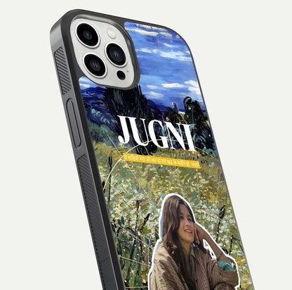 Jugni Soul Vibes Glass Case for iPhone 13 Pro Max close-up angled shot showing typography detail and vibrant gloss reflection
