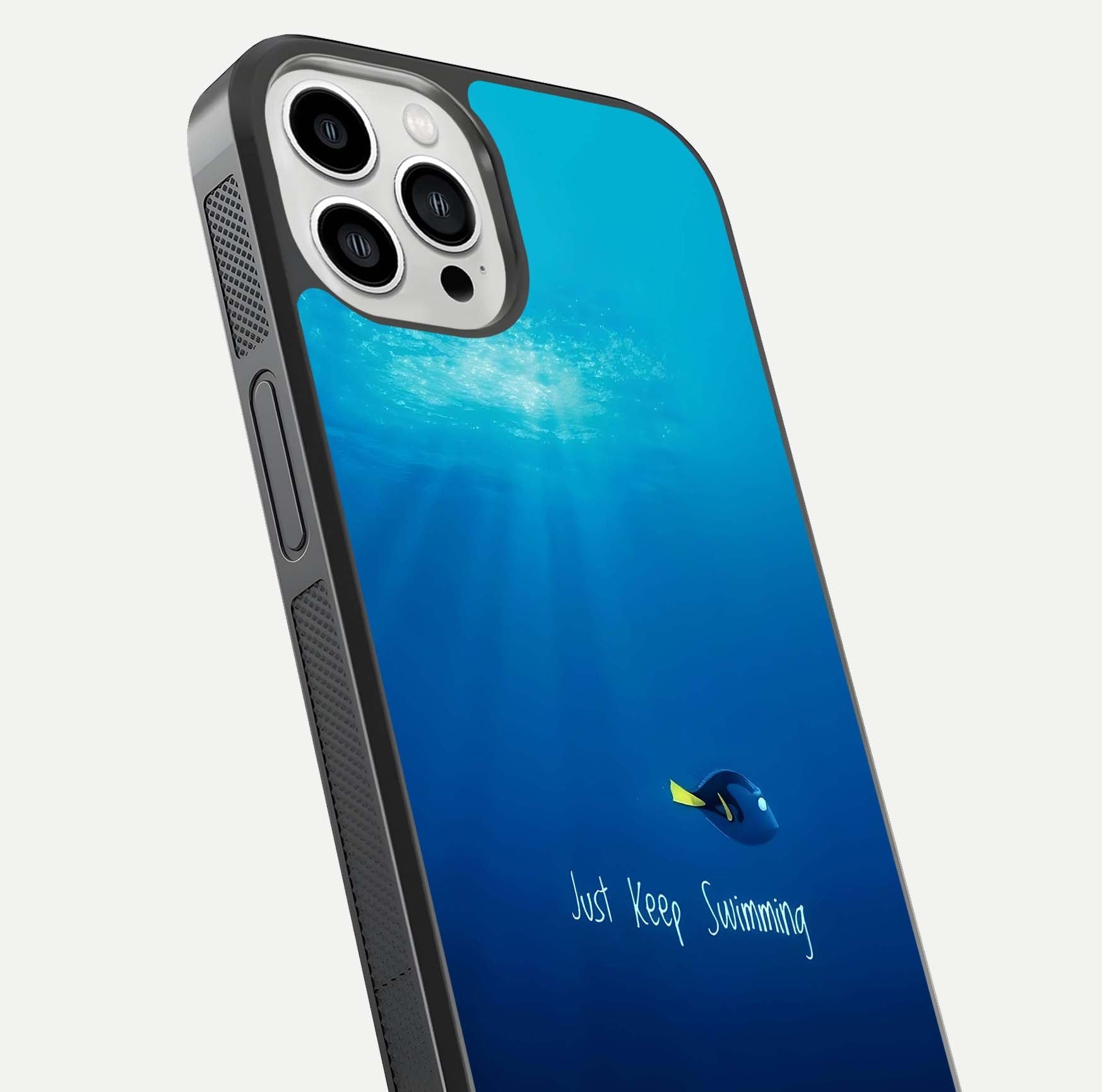 Just Keep Swimming Glass Case for iPhone 13 Pro Max close-up angled shot showing elegant lettering and blue tone reflection
