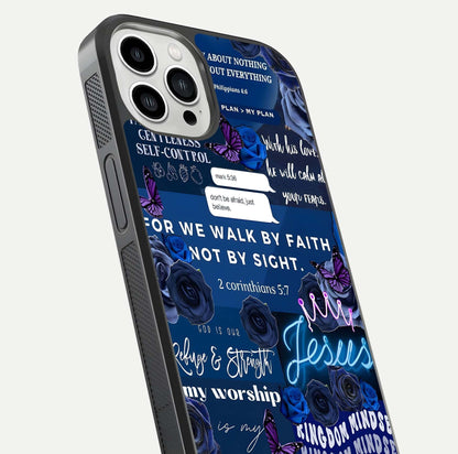 Kingdom Faith Glow Glass Case for iPhone 13 Pro Max close-up angled shot showing luminous text and divine reflection