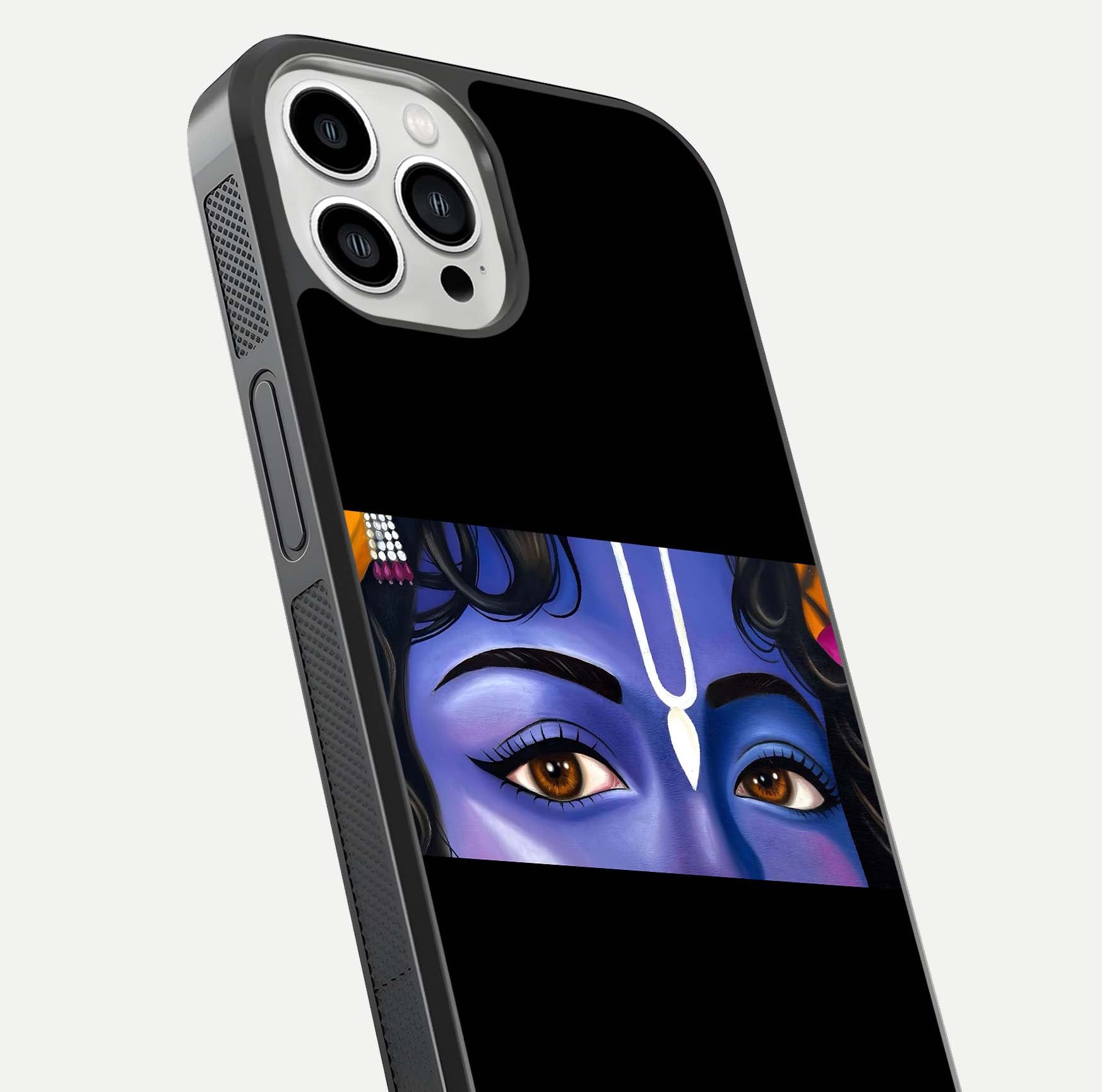 Krishna Eye Glass Case for iPhone 13 Pro Max close-up angled shot showing intricate artwork and reflection shine