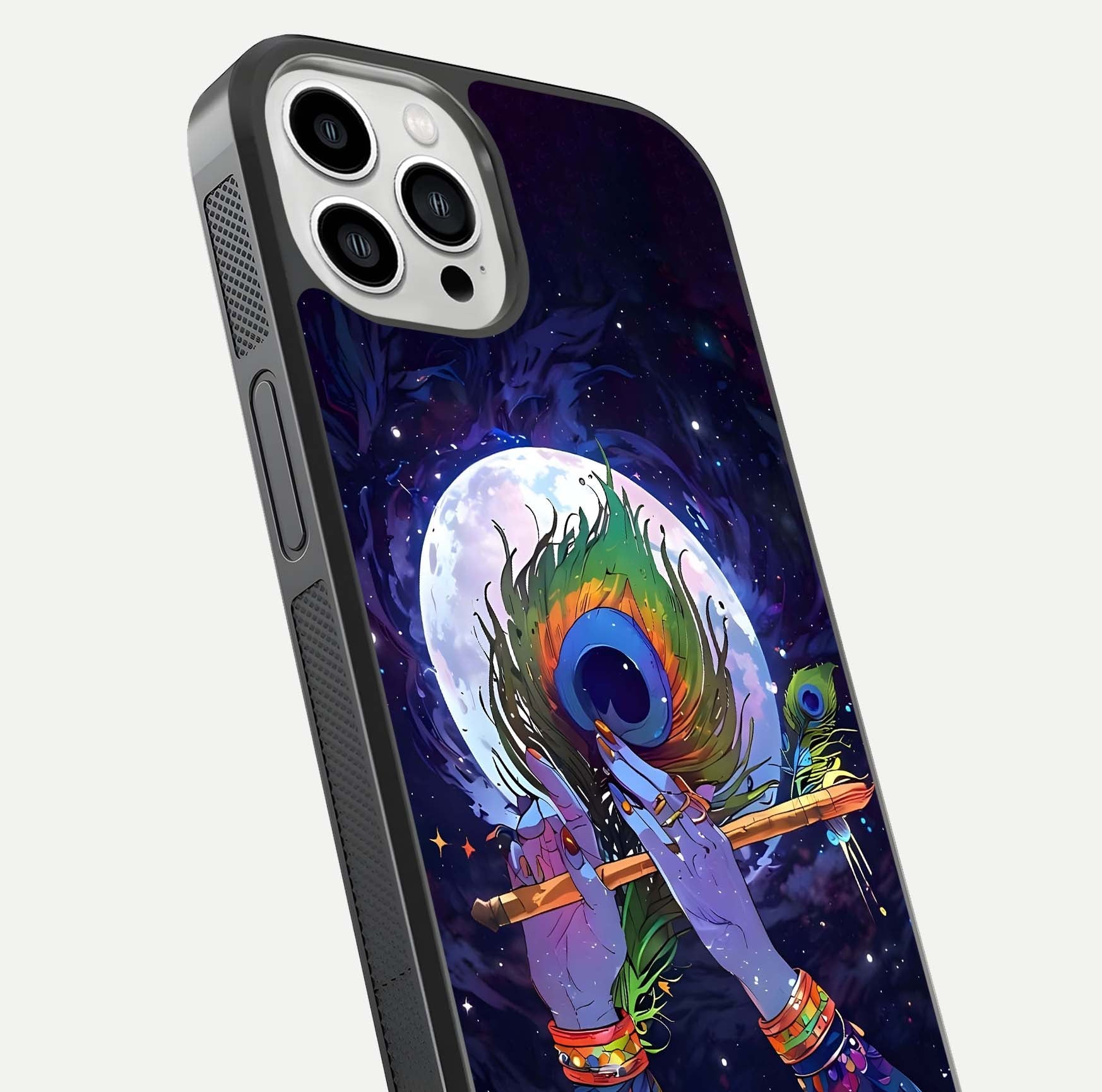 Krishna Hands Art Glass Case for iPhone 13 Pro Max close-up angled shot showing detailed hand design and shine