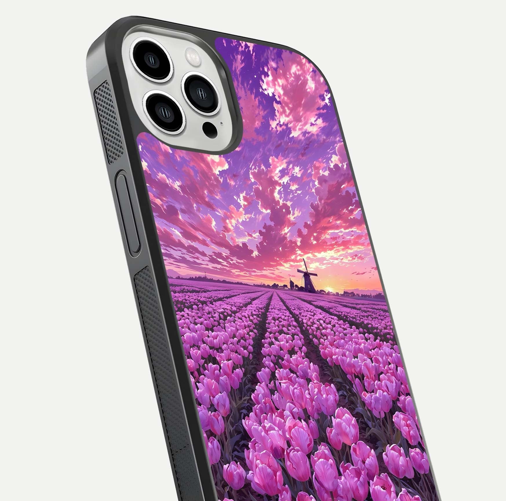 Lavender Dream Skies Glass Case for iPhone 13 Pro Max close-up angled shot showing purple hues and soft reflection