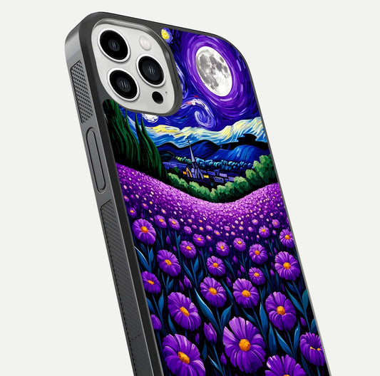 Lavender Moon Field Glass Case for iPhone 13 Pro Max close-up angled shot showing moon glow and purple detailing