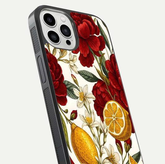 Lemon Rose Charm Glass Case for iPhone 13 Pro Max angled close-up showing vivid rose details and HD glass reflection