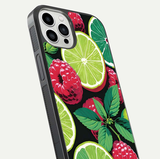 Lime and Raspberry Pattern Glass Case for iPhone 13 Pro Max angled close-up showing fruit texture and reflection glow