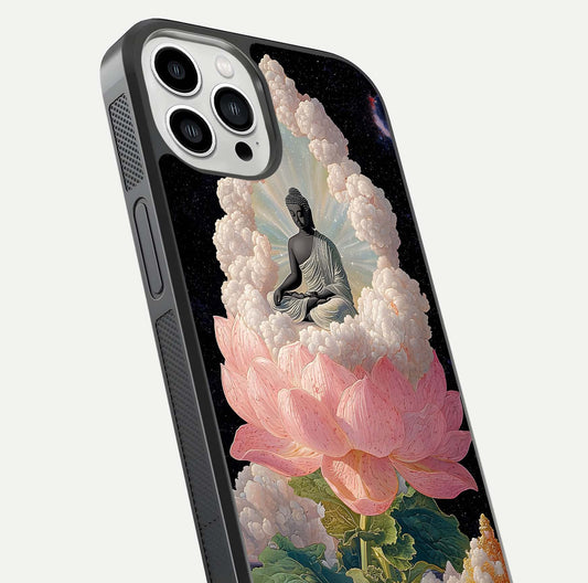 Lotus Divine Peace Glass Case for iPhone 13 Pro Max angled close-up showing delicate petals and gloss reflection
