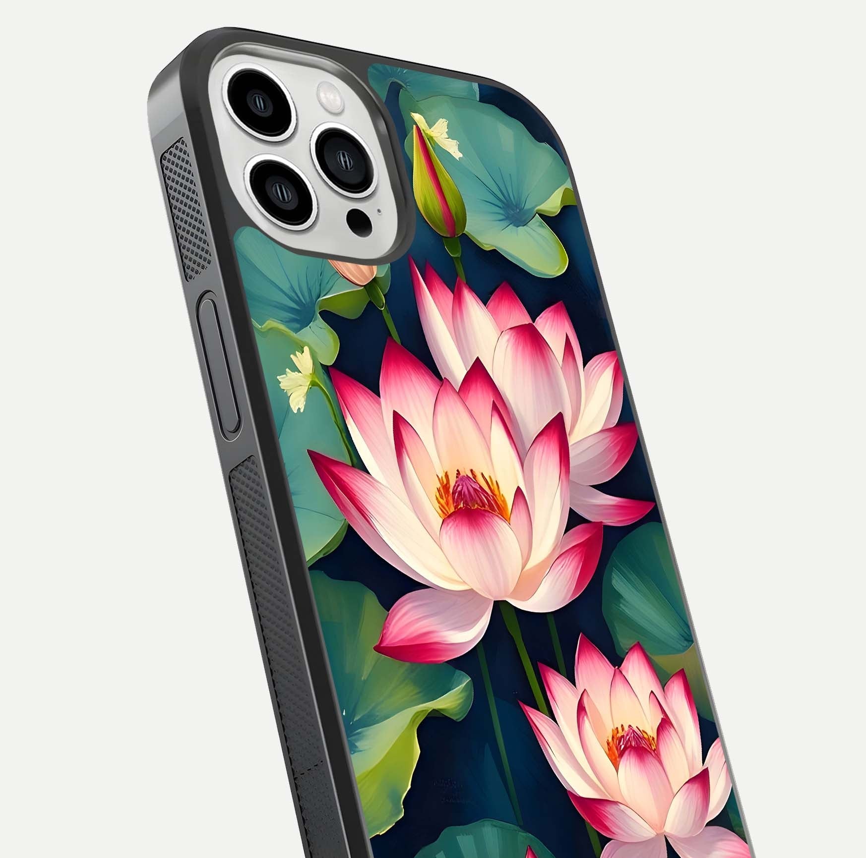Lotus Dream Serenity Glass Case for iPhone 13 Pro Max close-up angled shot showing floral details and soft shine
