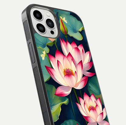 Lotus Dream Serenity Glass Case for iPhone 13 Pro Max close-up angled shot showing floral details and soft shine
