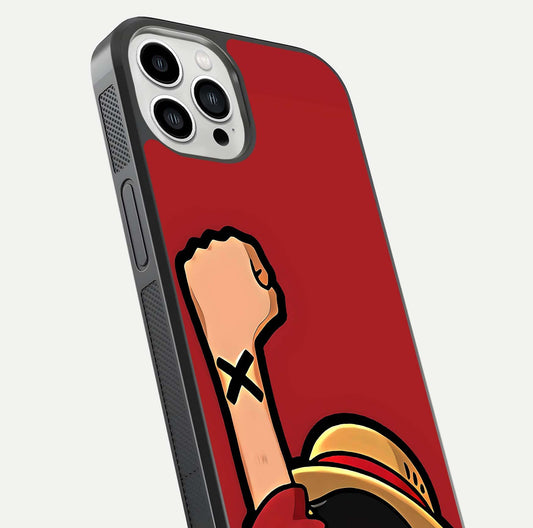 Luffy X Spirit Glass Case for iPhone 13 Pro Max close-up angled shot showing character detailing and gloss texture
