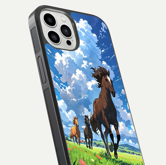 Majestic Horses Galloping Glass Case for iPhone 13 Pro Max close-up angled shot showing horse motion and reflection