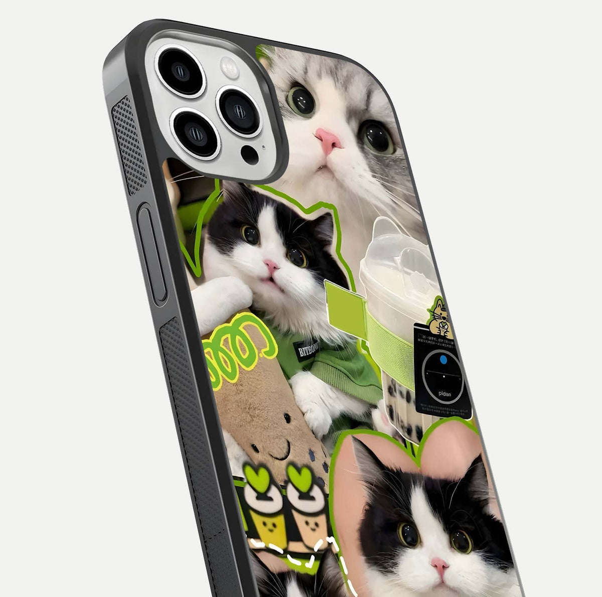 Matcha Cats Mood Glass Case for iPhone 13 Pro Max close-up angled shot showing adorable cat art and reflection detail
