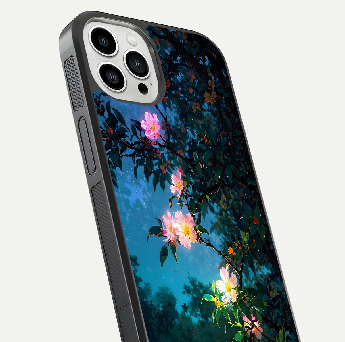 Midnight Bloom Glow Glass Case for iPhone 13 Pro Max close-up angled shot showing petal highlights and glow reflection