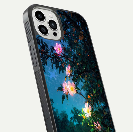 Midnight Bloom Glow Glass Case for iPhone 13 Pro Max close-up angled shot showing petal highlights and glow reflection