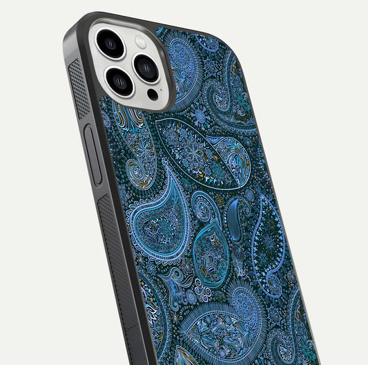 Midnight Paisley Glow Glass Case for iPhone 13 Pro Max close-up angled shot showing floral details and gloss texture
