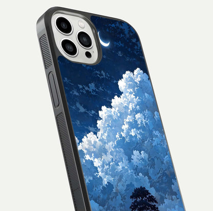 Midnight Sky Serenity Glass Case for iPhone 13 Pro Max close-up angled shot showing starlit tones and reflection