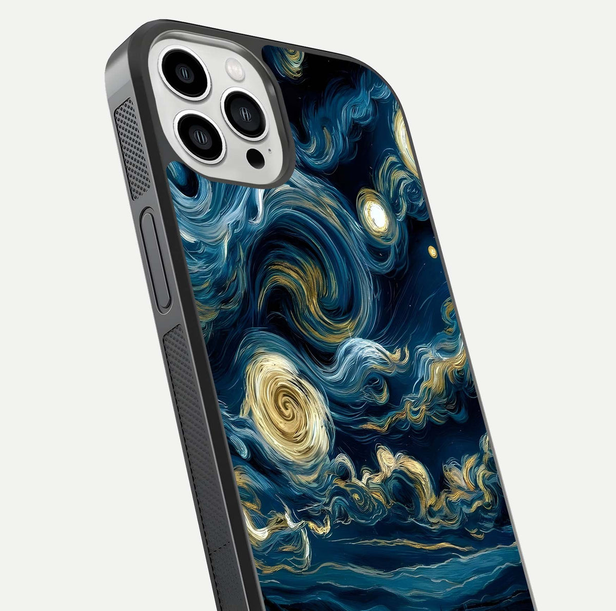 Midnight Sky Whirl Glass Case for iPhone 13 Pro Max close-up angle showing spiral design and HD gloss reflection