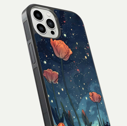 Midnight Tulip Glow Glass Case for iPhone 13 Pro Max close-up angled shot showing petal details and reflection glow