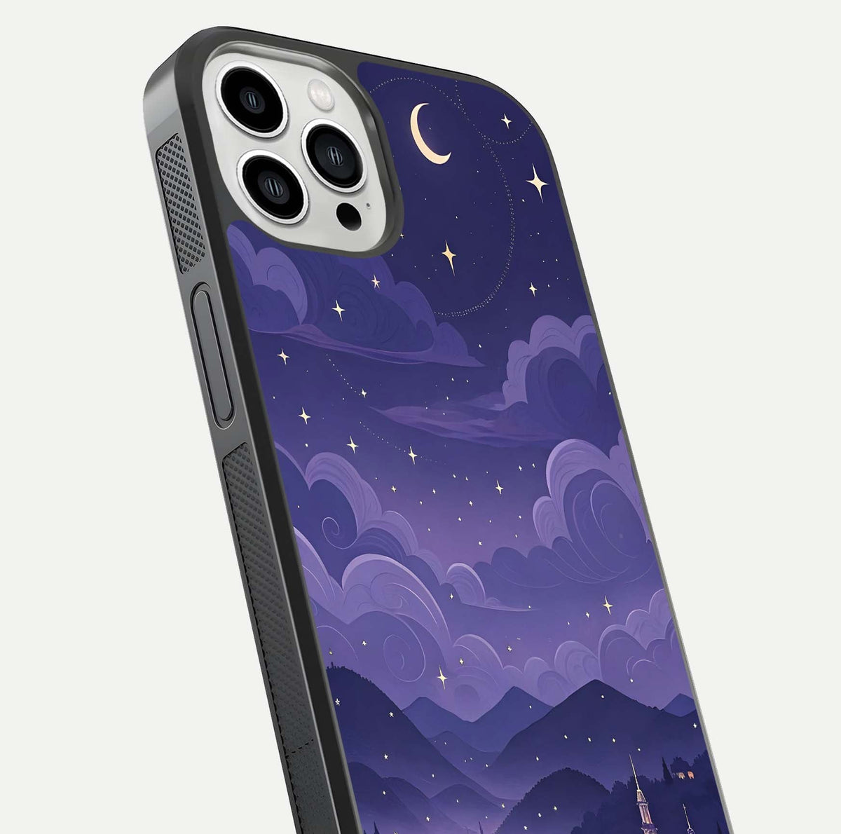 Minimal Night View Glass Case for iPhone 13 Pro Max close-up angled shot showing lights reflection and dark tone details