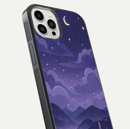 Minimal Night View Glass Case for iPhone 13 Pro Max close-up angled shot showing lights reflection and dark tone details