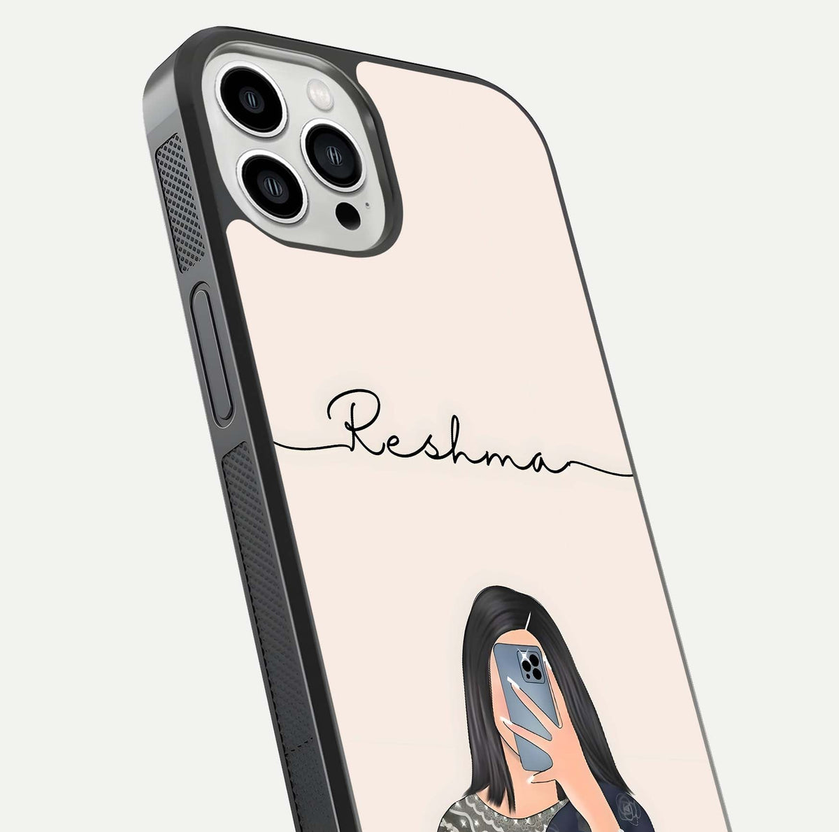 Mirror Mood Muse Custom Name Glass Case for iPhone 13 Pro Max close-up angled shot highlighting gloss and mirror depth
