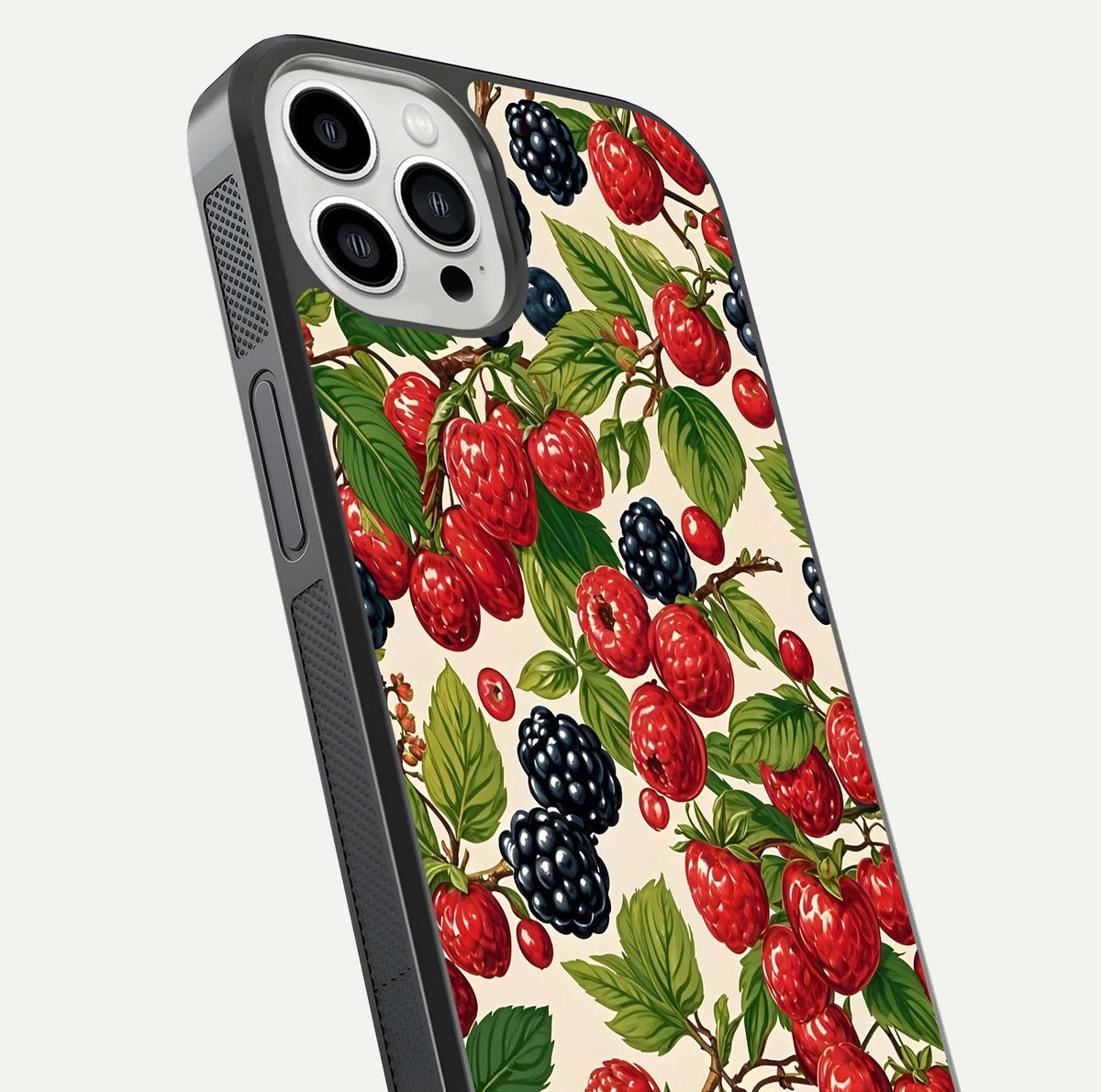 Mixed Berry Collage Glass Case for iPhone 13 Pro Max close-up angled shot showing fruit detail and reflection glow