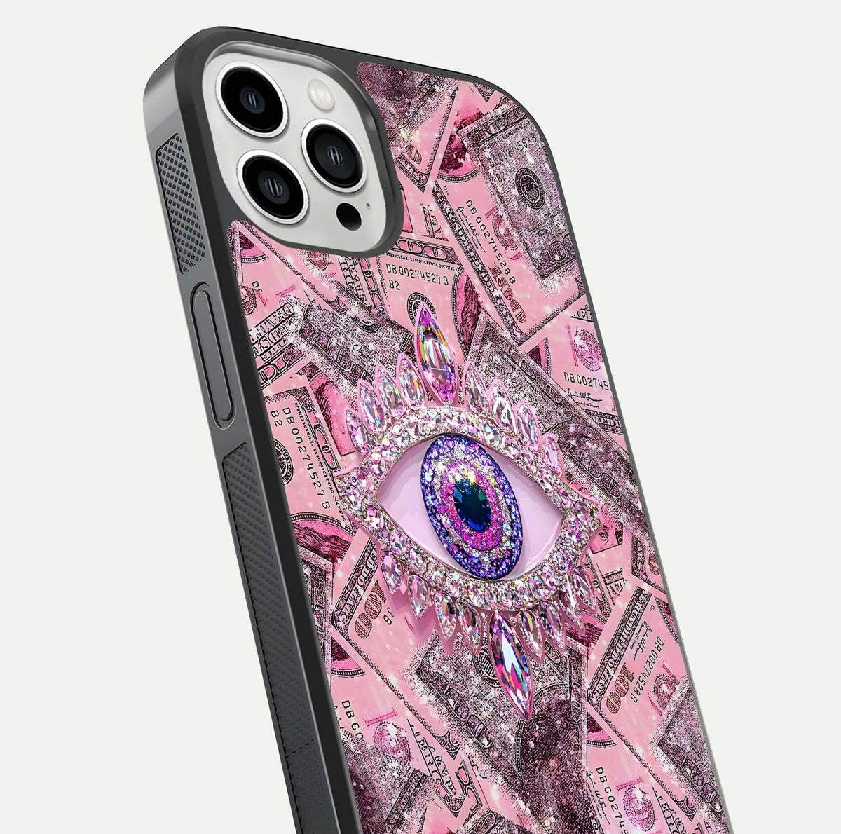 Money Eye Luxe Glass Case for iPhone 13 Pro Max close-up angled shot showing gold detailing and reflection shine