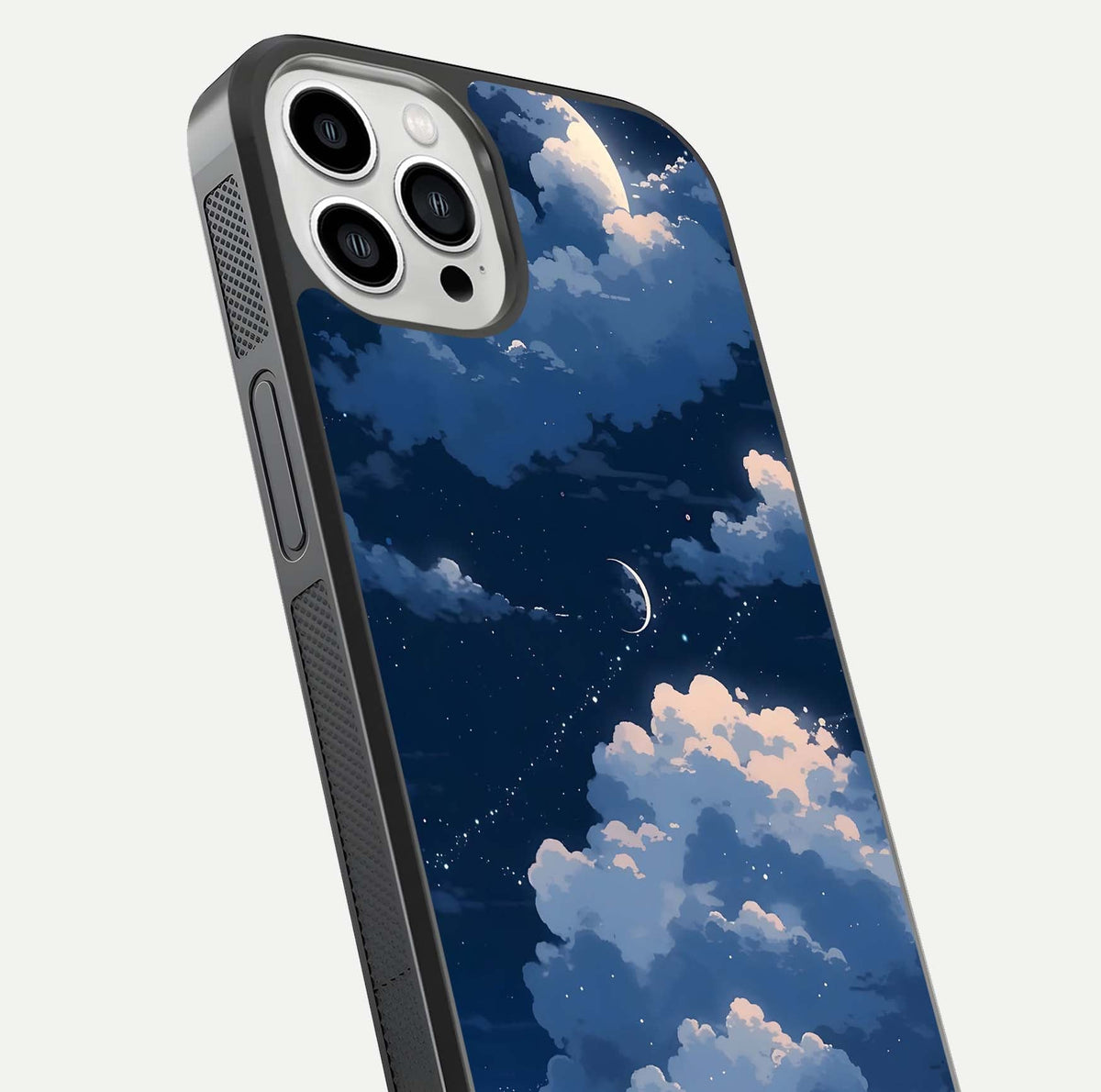 Moon Dream Haze Glass Case for iPhone 13 Pro Max close-up angled shot showing moon reflection and subtle glow