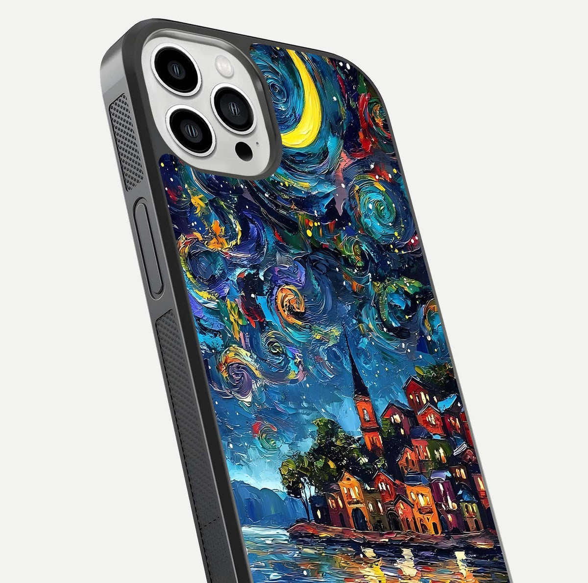 Moonlight Harbor Glow Glass Case for iPhone 13 Pro Max close-up angled shot showing reflection and moonlight glow