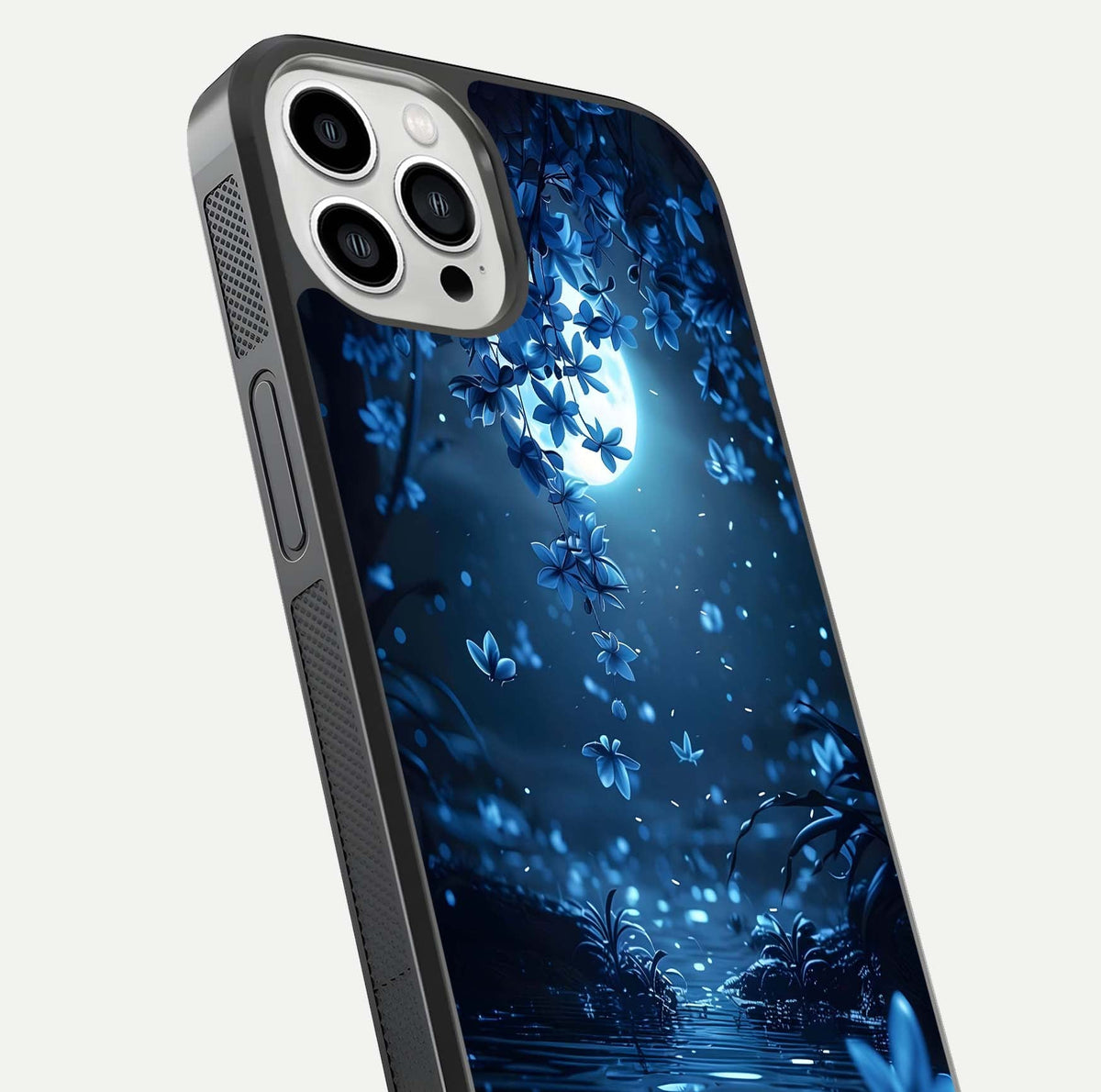 Moonlight Petal Dream Glass Case for iPhone 13 Pro Max close-up angled shot showing petal reflection and glow texture