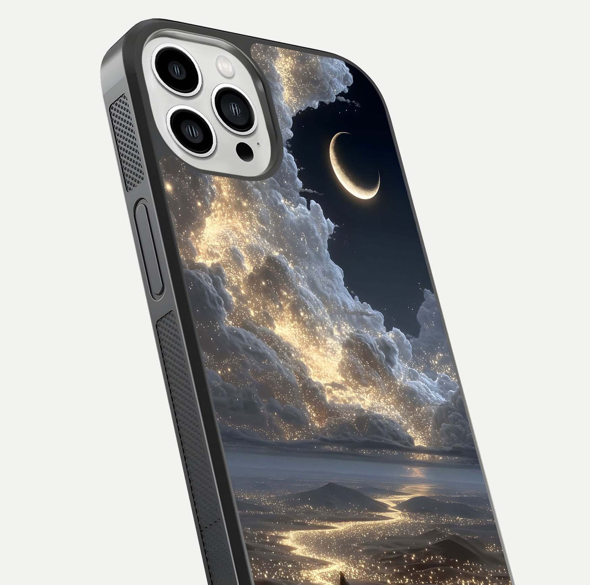 Moonlight Spark Path Glass Case for iPhone 13 Pro Max close-up angled shot showing glowing stars and reflection