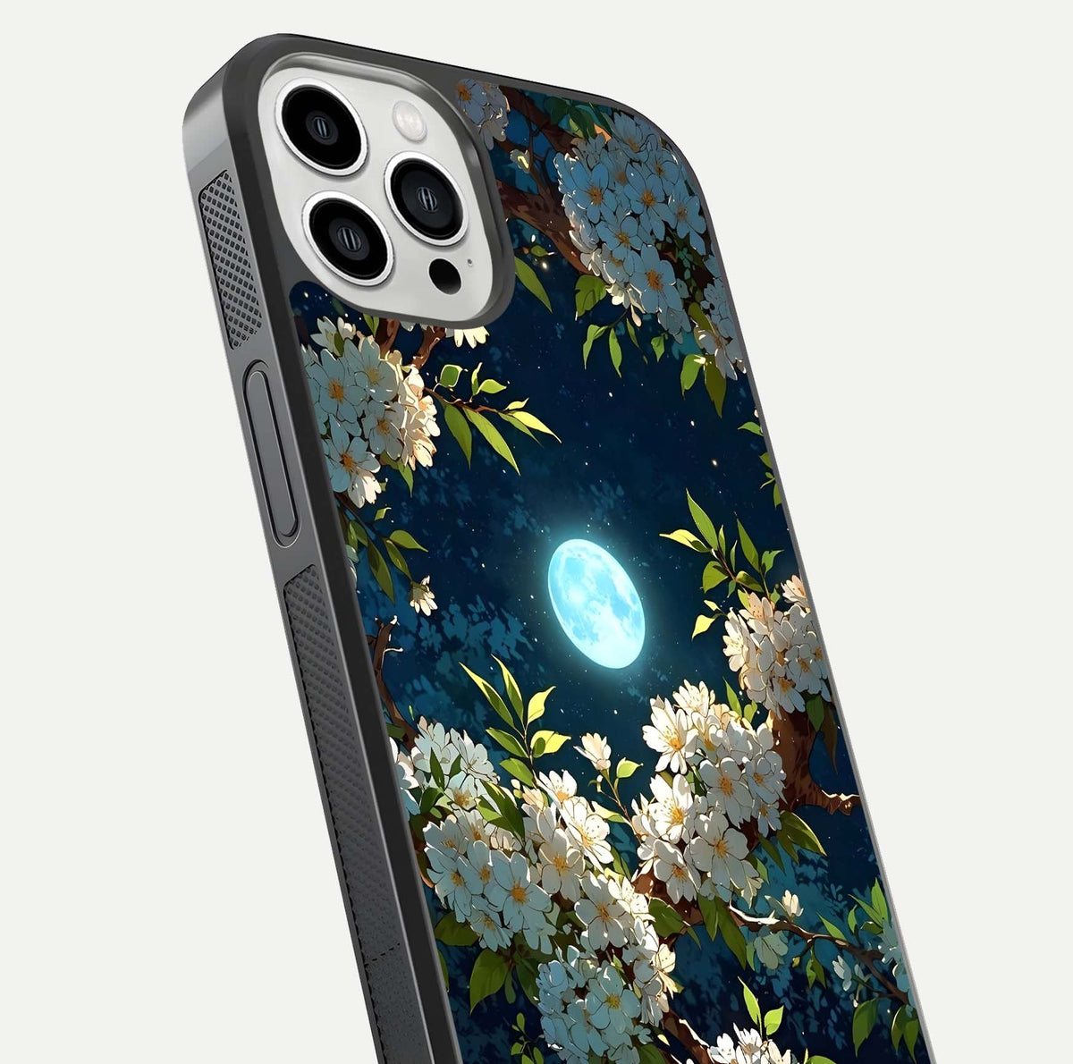 Moonlit Blossom Dream Glass Case for iPhone 13 Pro Max close-up angled shot showing glowing petals and reflection