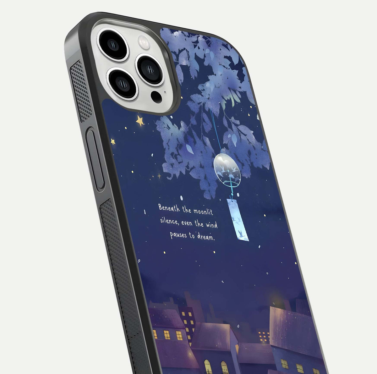 Moonlit Cat Silence Glass Case for iPhone 13 Pro Max close-up angled shot showing soft glow and reflection texture